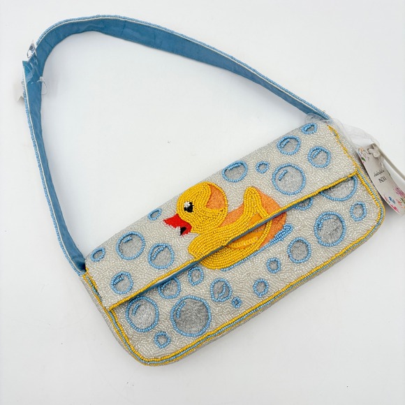 Handbags - Whimsical Beaded Rubber Duck Bath Baguette Shoulder Bag Blue Yellow